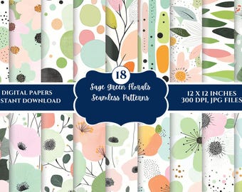 Salbei-grünes Blumen-Digital-Papier, nahtloses Stoffmuster (digitaler Download)