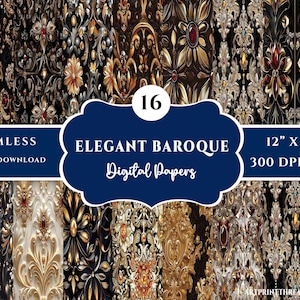 May include: A set of 16 digital papers featuring elegant baroque designs in gold and black with red accents. The papers are seamless and measure 12 inches by 12 inches at 300 DPI.