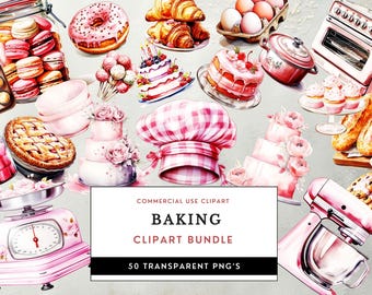 Watercolor Baking Clipart Bundle, Kitchen Desserts PNG (Commercial Use)