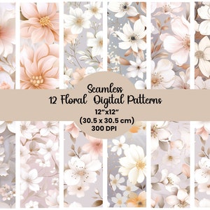 Floraler Digitaler Papierhintergrund, blassweiße Blumenmuster, Frühlings-Scrap-Papier, Junk-Journal druckbare Kunst, sich nahtlos wiederholender Druck