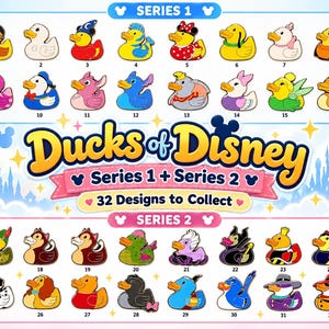 May include: A collection of 32 enamel pins featuring rubber duck designs inspired by Disney characters, organized into Series 1 and Series 2. The display includes various colorful duck figures with distinct costumes and accessories, labeled Ducks of Disney.