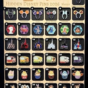 May include: A framed display of Disney pins from Walt Disney World, featuring various characters and attractions. The pins include characters like Maleficent, Mickey Mouse, and Stitch, as well as themed attractions. The display is labeled "Hidden Disney Pins 2026 Wave A."