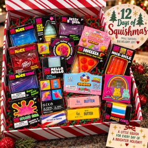 May include: A holiday gift box filled with various NeeDoh sensory toys, including Nice Cube, Jelly Squish, Squishy Dumpling, Squeezza, Nice-Sicle, Mello Mallo, Splash Ball, and butter-shaped squishies, with a 12 Days of Squishmas sign included.