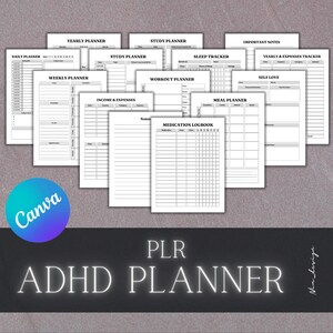 PLR ADHD digital or printable planner set, Daily Planner, Medication & Habit Tracker, ADHD Planner Adult, Cleaning and Meal Planner, Canva