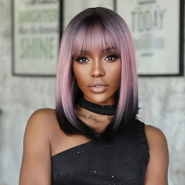 Pink purple short ombre wig with dark roots and bangs