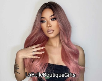 Long ombre synthetic wig with brown roots and pink ends