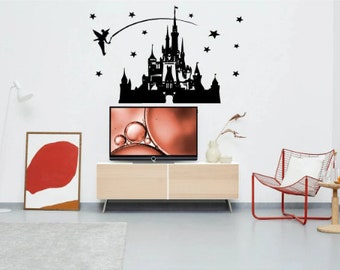 Sticker art mural emblématique château Walt Disney, décoration d'intérieur, décoration pour enfants, sticker pour chambre d'enfant, fée clochette, étoiles