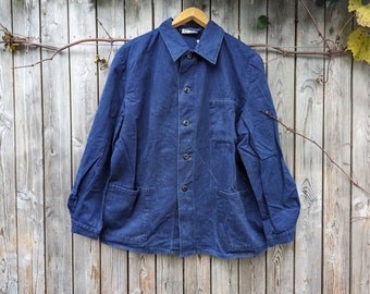 Gebrauchte Französische Chore Vintage Arbeiter Jacke robust und modische Indingo blau Deadstock Handwerker Fischgrätenmuster Blaumann Weste