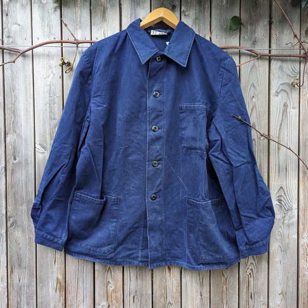 Used French chore vintage workers jacket sturdy and fashionable indingo blue deadstock artisan herringbone boiler suit vest