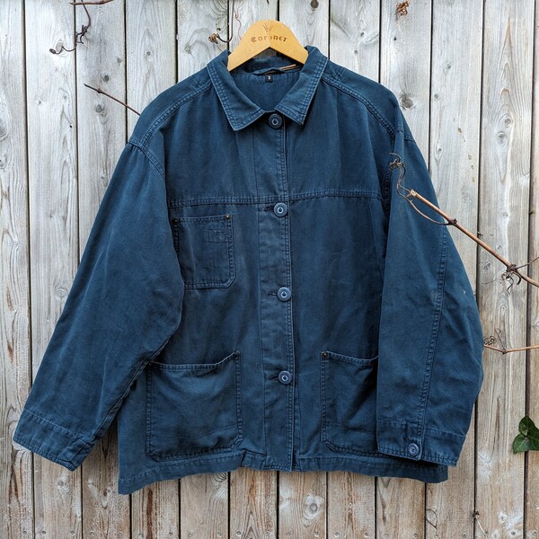 Rare, 1950s petrol blue vintage chore jacket, high quality, 100% cotton Indingo work jacket