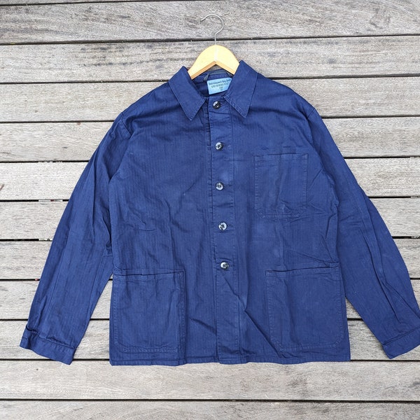 Französische Vintage Chore Workwear Jacke, hochwertig Indingo blau Deadstock Fischgrätenmuster Arbeitsjacke