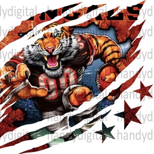 May include: A fierce tiger wearing a football jersey with the word "ENGALS" on it. The tiger is running with a football in its hand. The image is surrounded by a white jagged edge, like a claw mark.