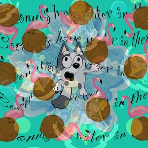 Könnte beinhalten: Ein Cartoon-Hund mit einem überraschten Gesichtsausdruck steht in der Mitte eines türkisfarbenen Hintergrunds mit einem sich wiederholenden Muster aus rosa Flamingos, Kokosnüssen und dem Text "Kokosnüsse haben Wasser drin".