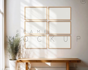 16x9 Frame TV Mockup, Wood Art Frame, Set of 6 (PSD, JPEG)