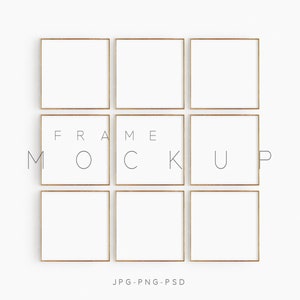 May include: A mockup of eight square frames with gold trim, arranged in a grid pattern. The frames are empty and ready for your photos or artwork. The text "FRAME MOCKUP" is printed below the frames.