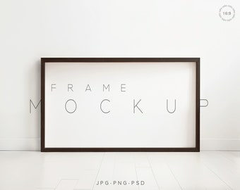 16x9 Black Wood Frame Mockup, Minimalist Horizontal TV Frame (Digital Download)