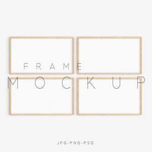 May include: Four wood framed picture frames arranged in a square shape on a white wall. The frames are empty and ready for your photos or artwork.