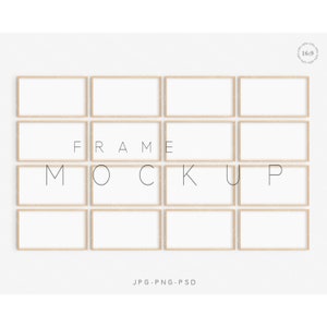 May include: A mockup of 15 rectangular picture frames arranged in a grid pattern on a white background. The frames are all the same size and have a light wood finish. The text "FRAME MOCKUP" is centred in the middle of the grid. The text "JPG. PNG. PSD" is at the bottom of the image.