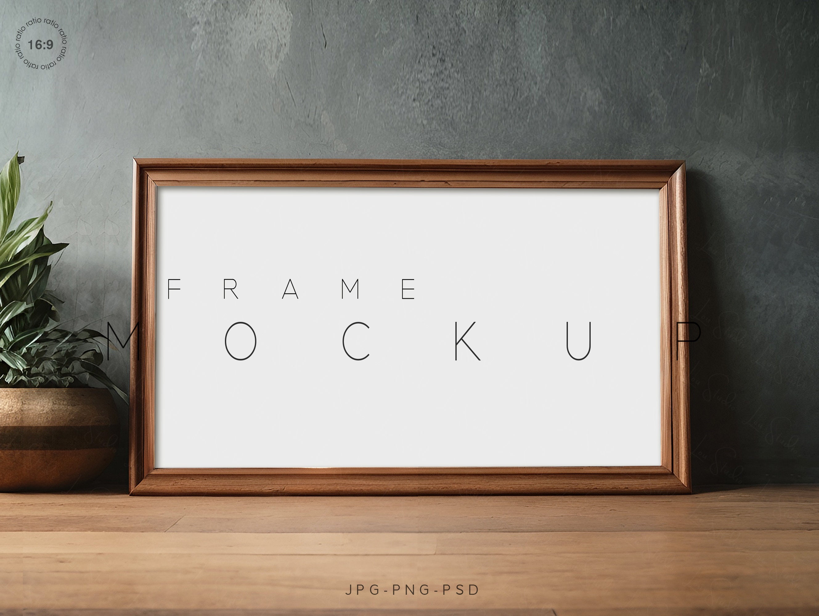 16x9 Horizontal Frame Mockup, Wood Interior Display (digital