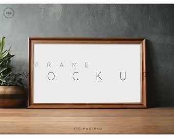 16x9 Horizontal Interior Mockup Frame, 16x9 Horizontal Frame Mockup Display, 16x9 Standing Wood Interior Frame Mockup, Wooden Mockup, L141
