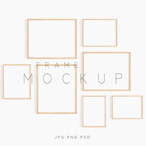 Gallery Wall Set, Gallery Wall Mockup, Wood Framed Art Display with 7 Frames, Minimal Wood Frame Mockup, Poster Frame Mockup, Print Mockup