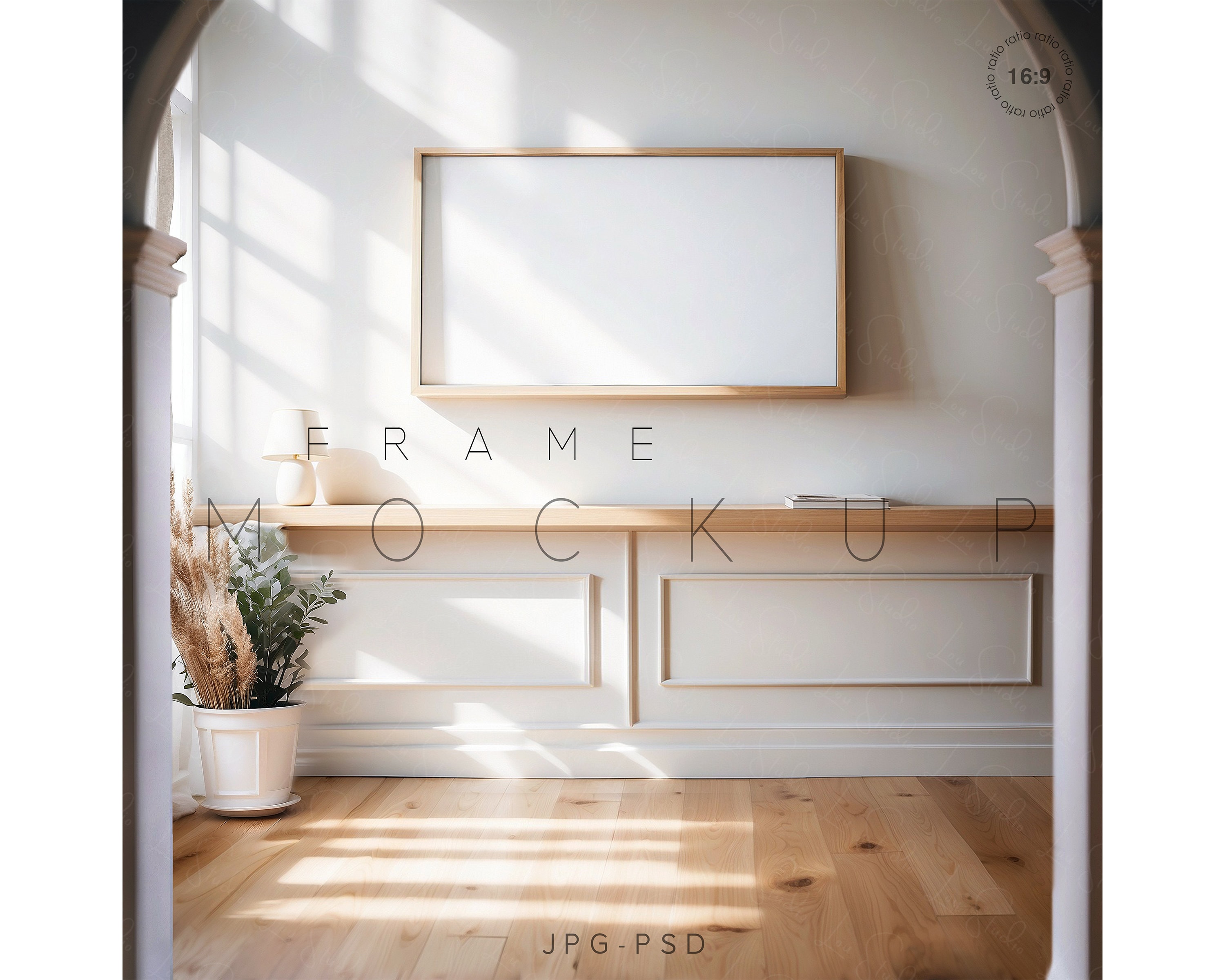 16x9 Wood Frame Mockup, Shadow Overlay, Horizontal Wood Frame Mockup, 16x9 Interior Frame Mockup, Modern TV Frame, TV Wall Art Display, L164
