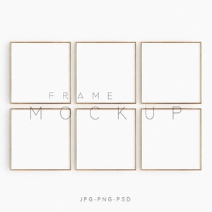 May include: A set of four gold picture frames, arranged in a square formation, with the text "FRAME MOCKUP" printed below. The frames are empty and ready for your photos or artwork.