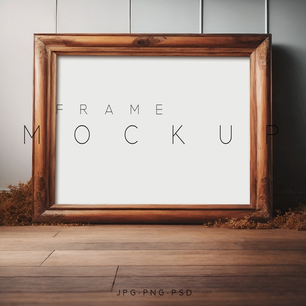 Interior Mockup Frame, 4x3 Interior Mockup, Living Room Frame Mockup Display, Warm Wood Interior, Standing Brown Wooden Frame Mockup, L136