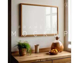 A4 Wood Frame Mockup, Shadow Overlay, Interior Wood Frame Mockup, Horizontal Frame Mockup, Modern Wood A4 Minimalist Wall Art Display, L182