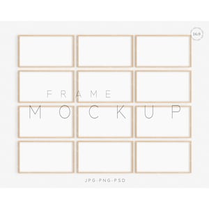 May include: A mockup of nine wood picture frames arranged in a grid on a white wall. The frames are all the same size and have a light brown finish. The text "FRAME MOCKUP" is printed below the frames, and the text "JPG. PNG. PSD" is printed below the text.