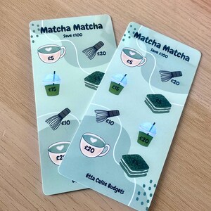 May include: Two light green cards with the text "Matcha Matcha" and "Save £100". Each card features illustrations of matcha drinks and whisks, with prices in British pounds. The cards are labeled "Etta Callie Budgets".
