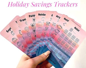 Puede incluir: Un conjunto de tarjetas rosas y azules con contornos negros e iconos. Las tarjetas están etiquetadas con las palabras "Holiday Savings Trackers", "Hotel", "Holid", "Airp", "E", "Holida", "Passp", "Trans" y "Expe".