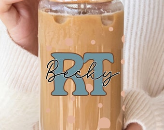 Personalized RT Glass Tumbler: Respiratory Therapist Gift with Lid & Straw