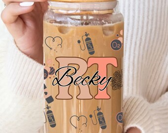 Personalized RT Glass Tumbler: Respiratory Therapist Gift with Lid & Straw
