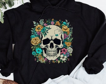 Skull Floral Hoodie Whimsigoth Floral Skull Aesthetic Black Hoodie Goth Inspired Hoodie Floral Skull Halloween Shirt Whimsigoth Sweater