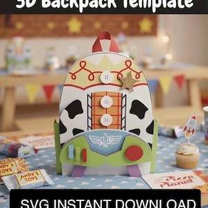 Puede incluir: Una plantilla de mochila 3D con un diseño de manchas de vaca en blanco, amarillo y negro, un patrón de cuadrícula central, tres botones blancos, una estrella dorada brillante y un panel frontal espacial verde y azul con el texto 3D Backpack Template.