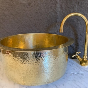 Hammered Unlacquered Brass Round Bar Sink , Drop In Sink , Brass Round Sink , Under mount Brass Sink,Handcrafted Brass Round Sink with drain