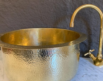 Hammered Unlacquered Brass Round Bar Sink , Drop In Sink , Brass Round Sink , Under mount Brass Sink,Handcrafted Brass Round Sink with drain