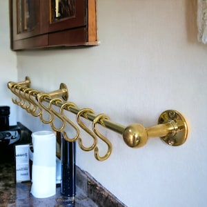 Messing Wand Topf Regal Küche Lagerung, Topf hängenden Regal Decke, Unlackiertes Messing Wand Topf Regal, Messing Küchenleiste mit Haken