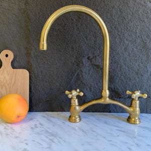 Unlacquered Brass Kitchen Faucet With Linear Legs - Brass Bridge Faucet - Vintage Kitchen Sink Faucet - Center ball sink faucet