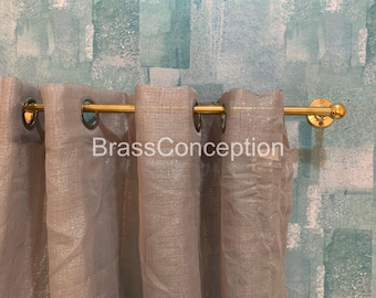 Curtain Rod, Rail, Brass Hooks, Unlacquered Brass Wall Mounted Curtain Hardware Rod
