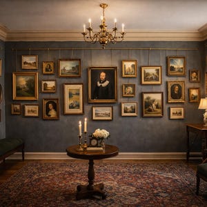 Può includere: Una scena d'interni con una parete a galleria con numerosi dipinti incorniciati in cornici dorate ornate. Un lampadario pende dal soffitto e un tavolo rotondo con candele e fiori si trova al centro della stanza. Sono visibili anche una panca e una sedia.