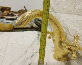 Unlacquered Brass Hammered Bathroom Faucet: Antique Engraved Double Handle