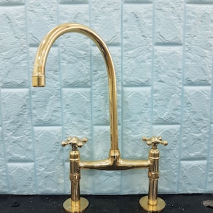 Unlacquered Brass Kitchen Faucet, Solid Brass 8&quot; Bridge faucet with Cross Handles and Straight Legs , Unlacquered Brass Kitchen Bridge Fauce