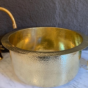 Hammered Unlacquered Brass Round Bar Sink , Drop In Sink , Brass Round Sink , Under mount Brass Sink,Handcrafted Brass Round Sink with drain