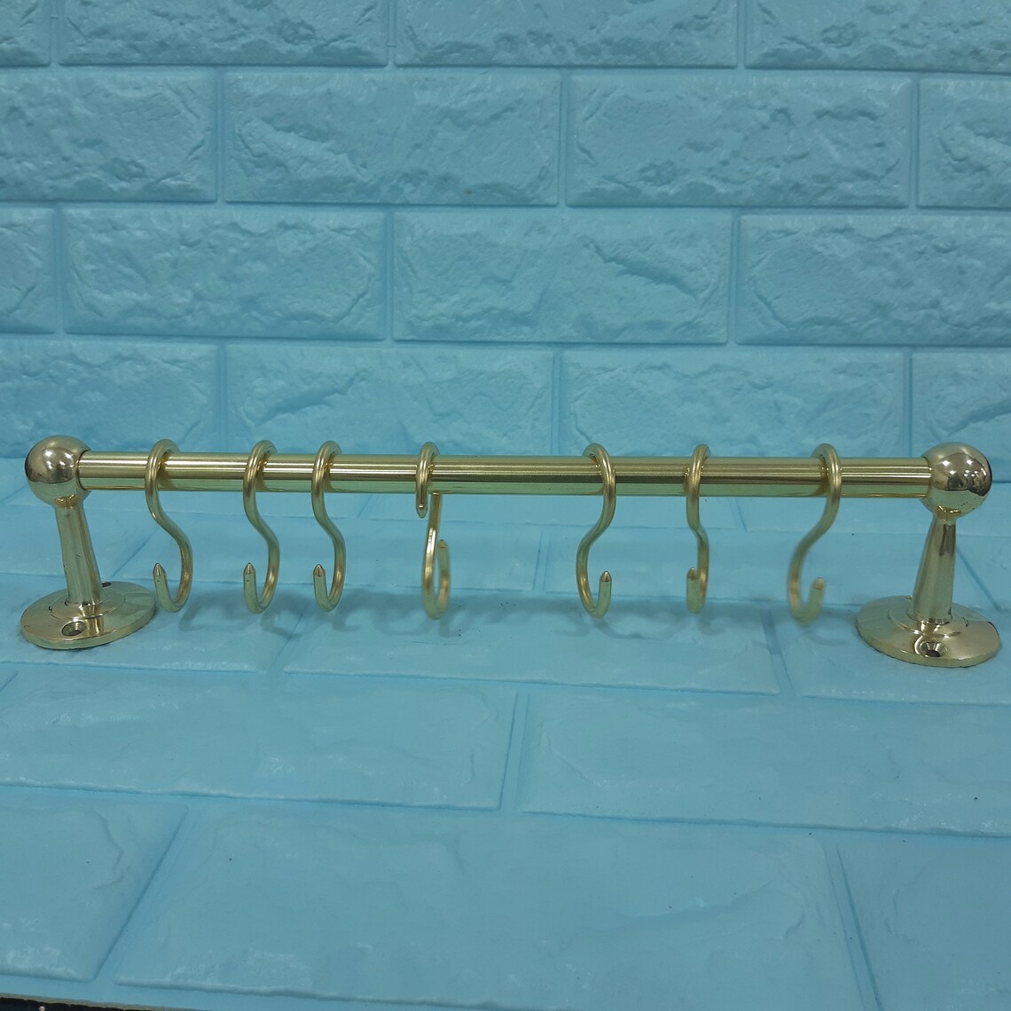 Vintage Brass Unlacquered Rack , Brass Kitchen Rail With Hooks