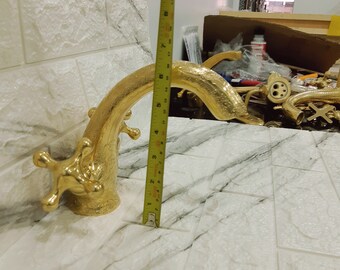 Hand Engraved Unlacquered Brass Faucet: Double Handle Gold Finish