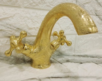 Hand Engraved Unlacquered Brass Faucet: Gold Finish Double Handle Sink Mixer