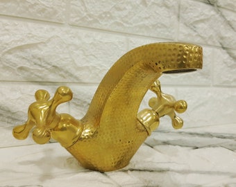 Hammered Unlacquered Brass Bathroom Faucet: Antique Double Handle Design