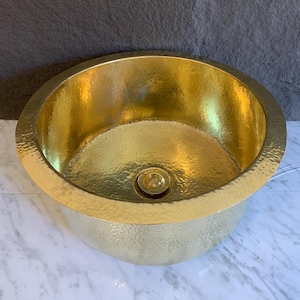 Hammered Unlacquered Brass Round Bar Sink , Drop In Sink , Brass Round Sink , Under mount Brass Sink,Handcrafted Brass Round Sink with drain